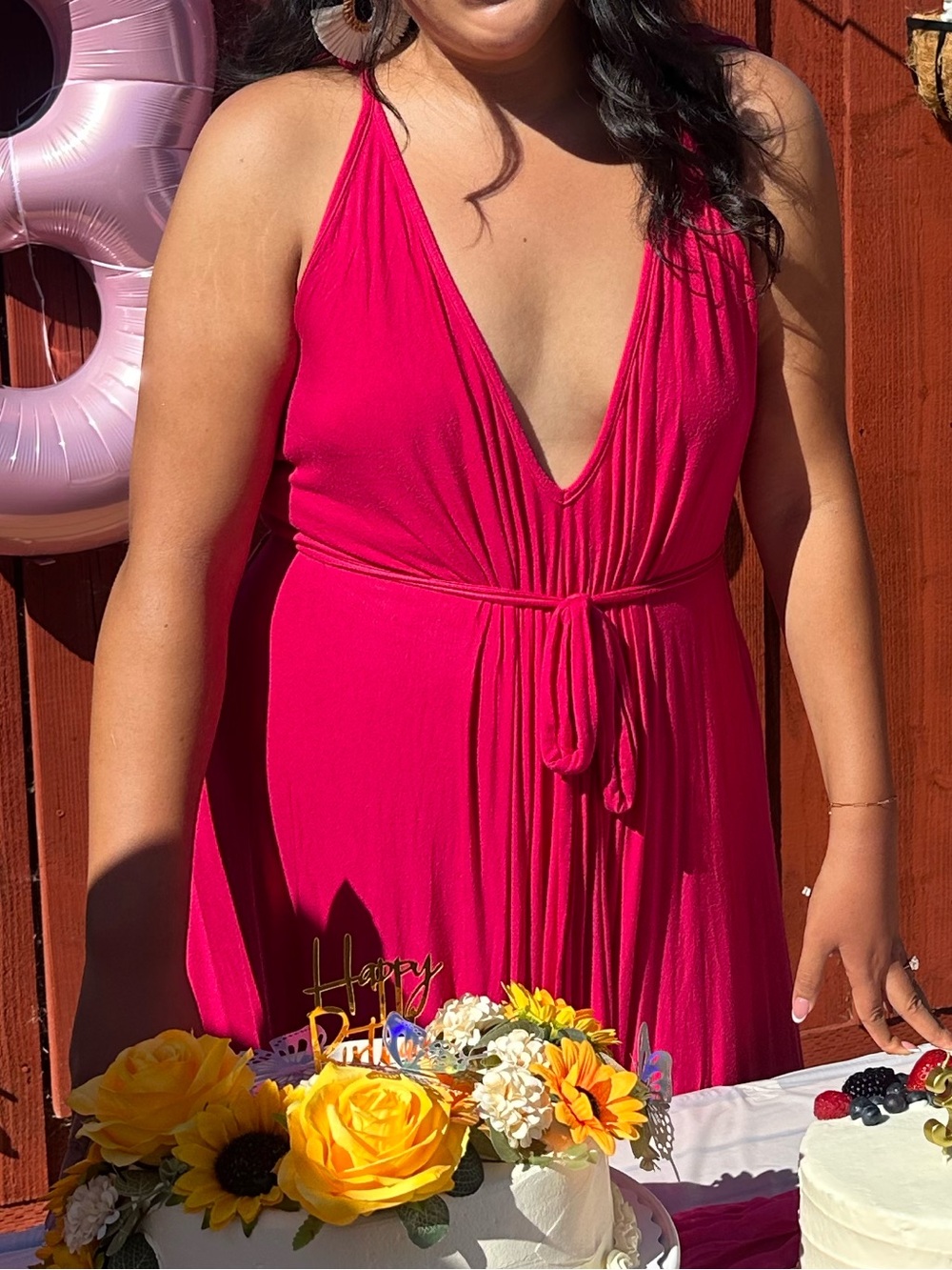 Zelie for She Women's Maxi Dress Plus Size 1X Pink V Neck Plunge Tie Shoulders